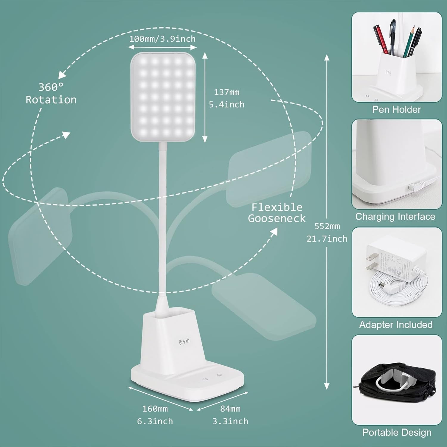 White LED Desk Lamp with Wireless Charger – 800 Lumens