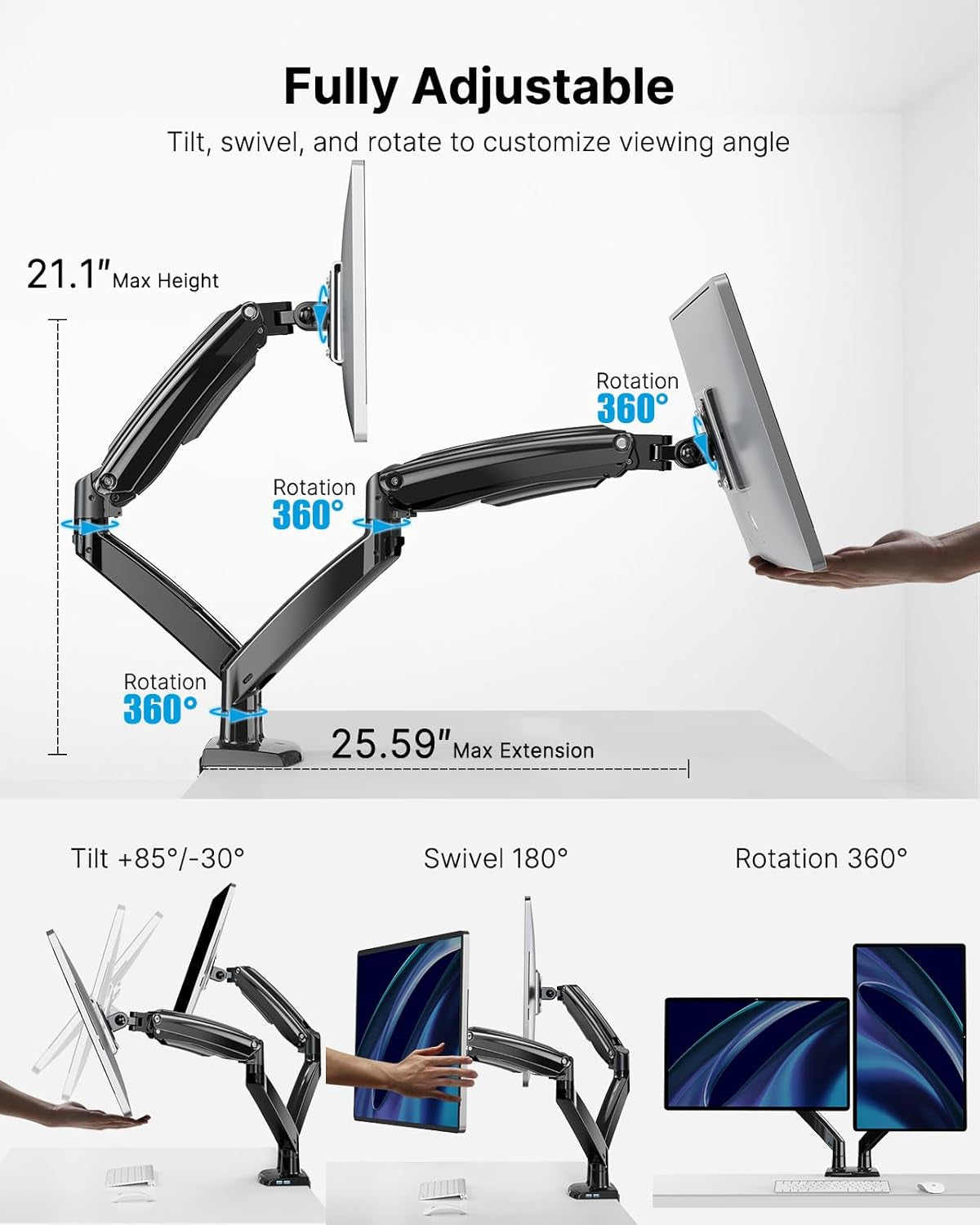 Dual Monitor Stand – Height Adjustable Arms