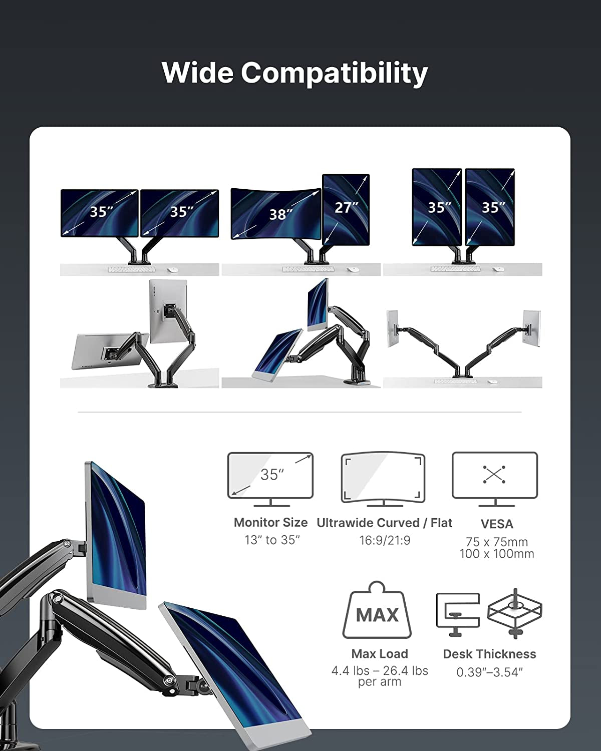 Dual Monitor Stand – Height Adjustable Arms