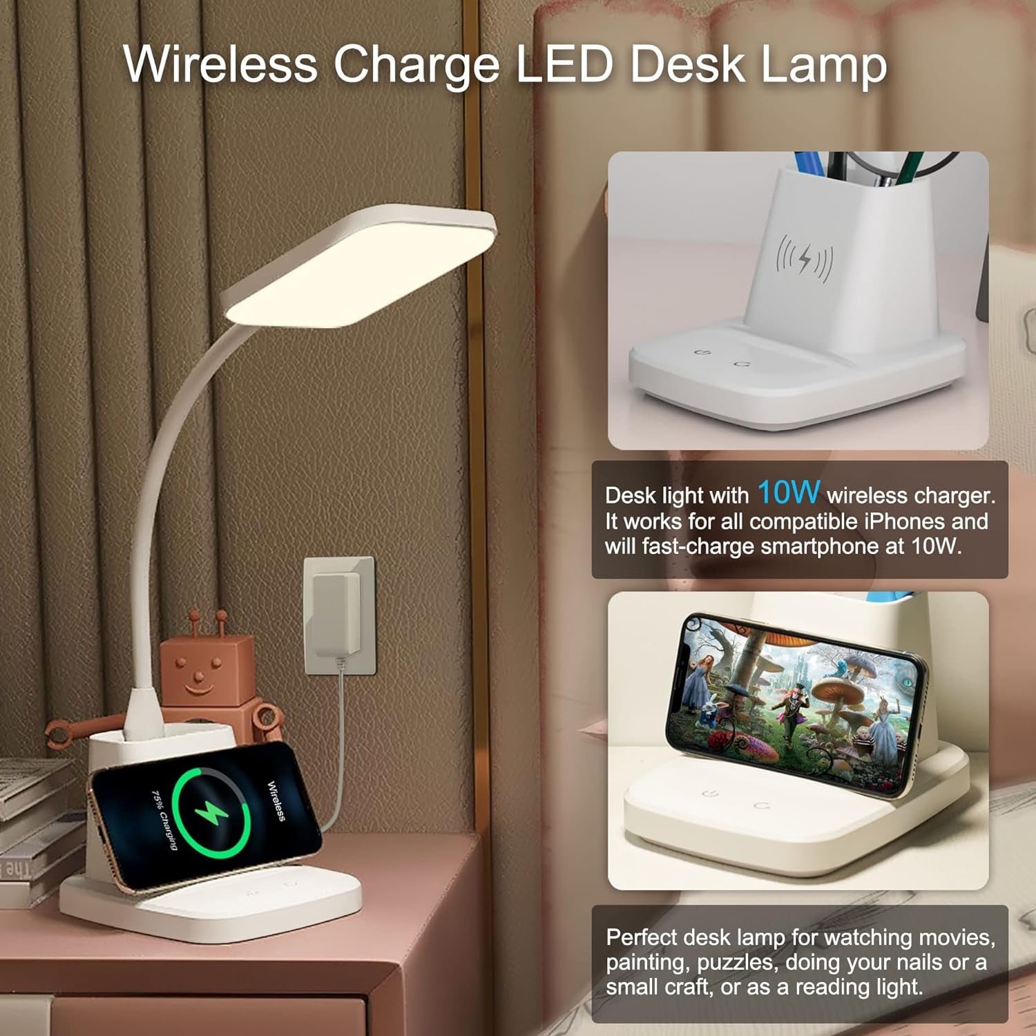 White LED Desk Lamp with Wireless Charger – 800 Lumens