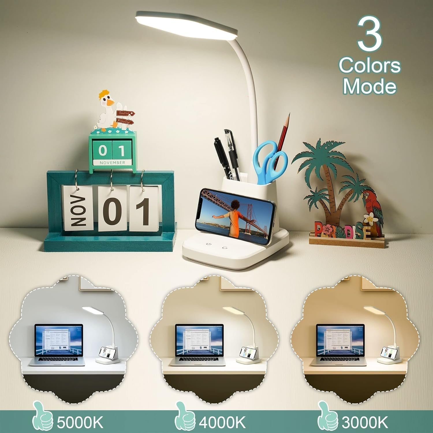 White LED Desk Lamp with Wireless Charger – 800 Lumens